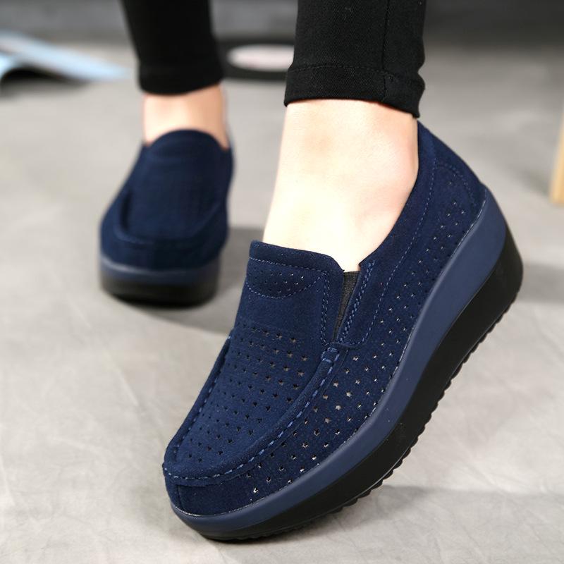 Fashion Women Wedge Heels Platform Shoes Genuine Leather Loafers Casual Walking Shoes Non-slip Mother Shoes