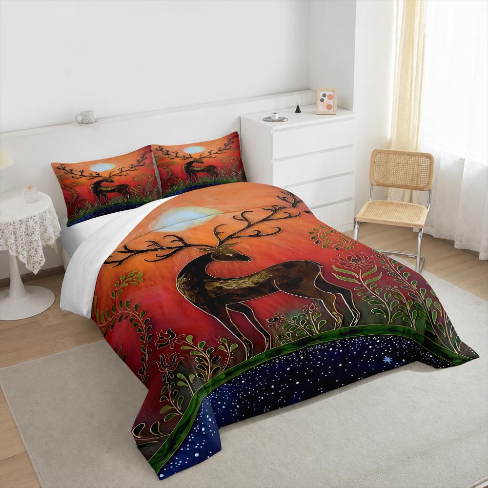 3 Piece Bedding Set Black Gold Deer Stag Antlers Sunset Moon Folk Art Orange Red for Adult Room Home Decor