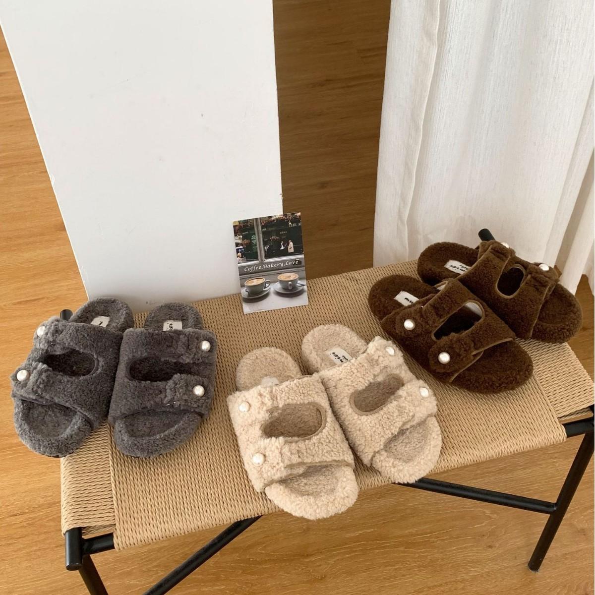 

2025 autumn and winter new one-word with lamb wool thick-soled warm outer wear Doudou pregnant women half drag trendy shoes 39 бежевый