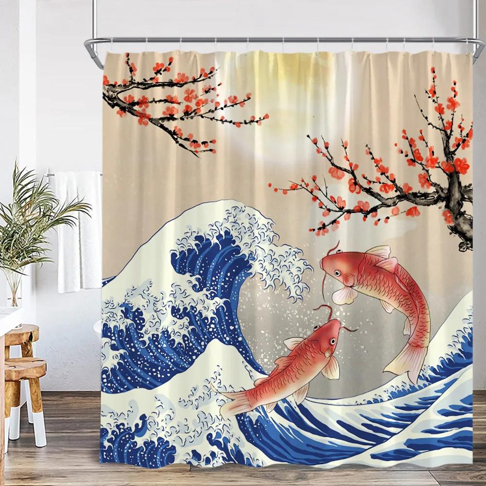Japanese Style Shower Curtains Toad Master Frog Sea Waves Koi Cherry Blossom Bathroom Decorations Vintage Japan Bath Curtain