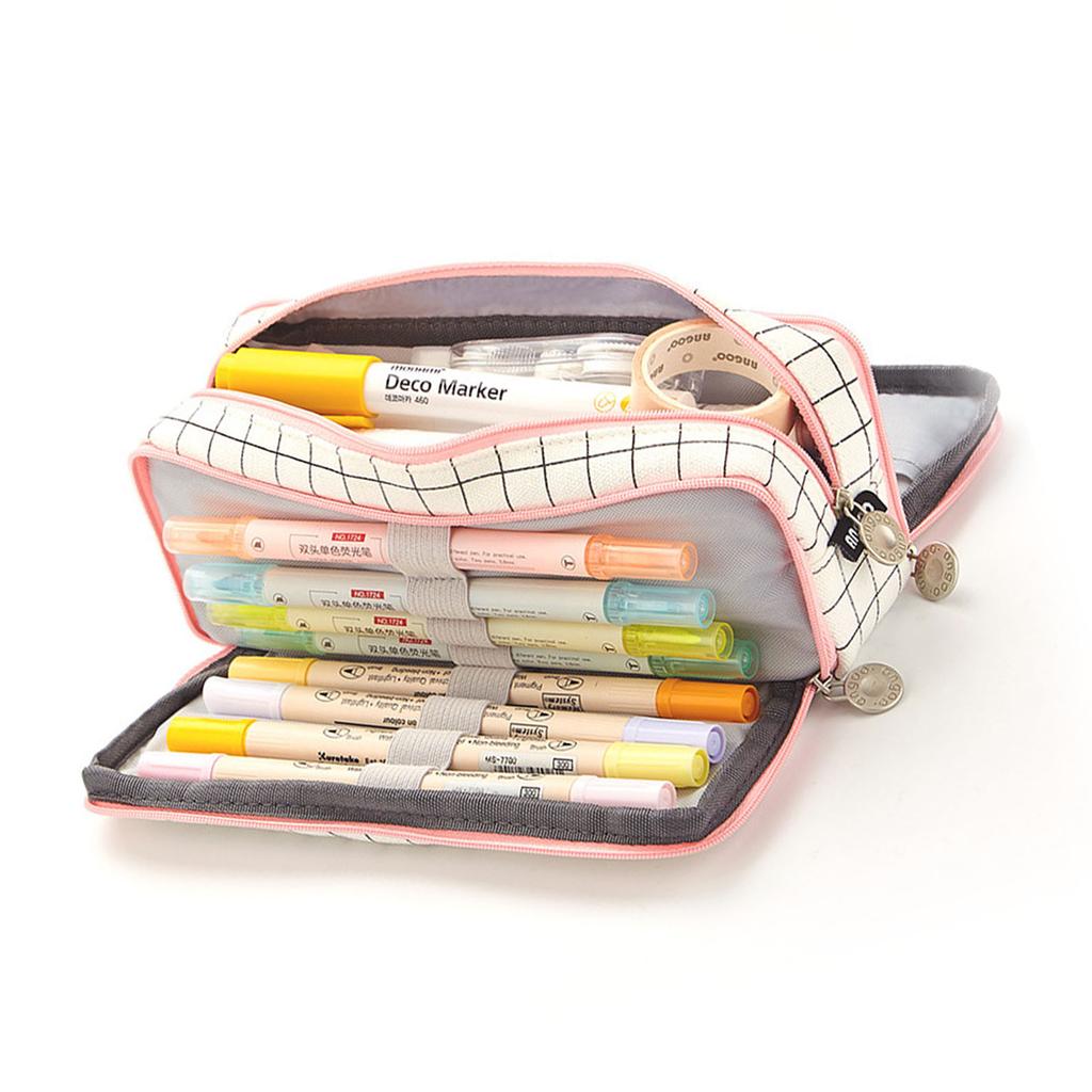 Large Capacity Pencil Case Multi Pocket Double Opening Cute Stationery Bag for Student School Black