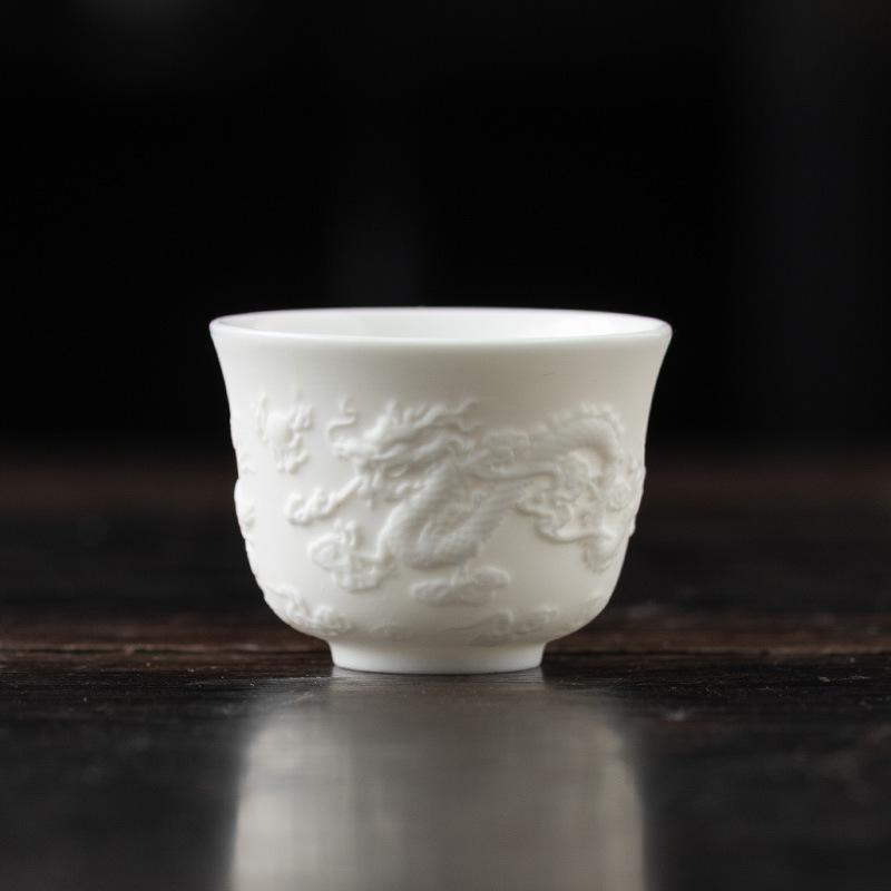 Suet Jade White Porcelain Relief Teacup Master Cup Dragon and Phoenix Cup Personal Single Cup Vegetarian Fired Kung Fu Ceramic Handmade Tea
