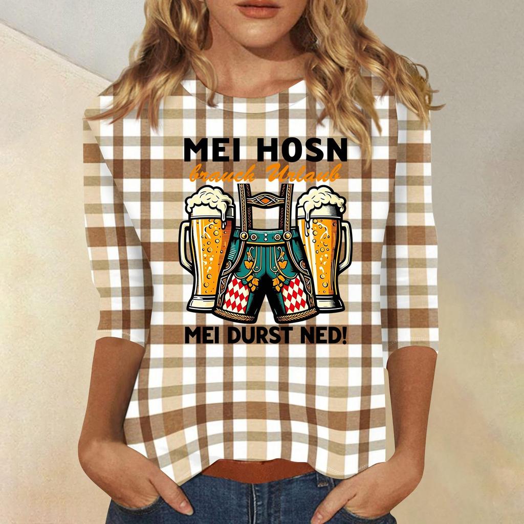 Women's Casual Three Quarter Sleeve Round Neck Shirt Oktoberfest Print Lightweight Comfortable Fit Top for Everyday Wear