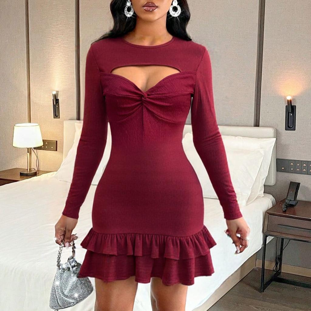 Autumn Winter Casual Slim Elasticity Ruffles Dresses Sexy Hollow Out Elegant Hip Wrap O-neck Long-sleeve Solid Mini Dress Female