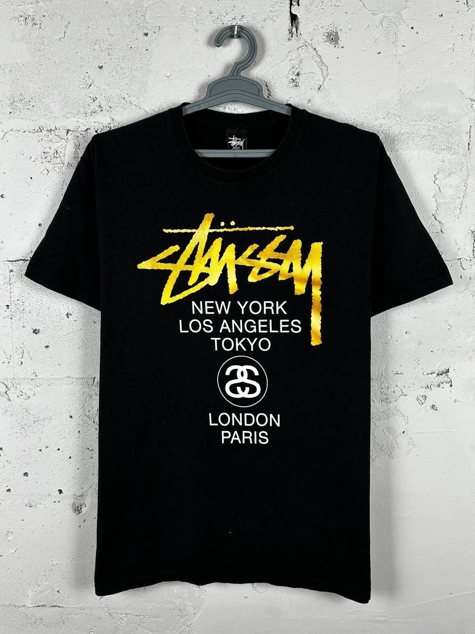 ВИНТАЖНАЯ ЧЕРНАЯ ФУТБОЛКА STUSSY с двойным большим логотипом, размер L, унисекс L