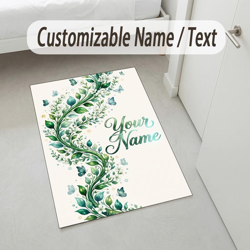Floral Garden Theme Crystal Velvet Rug Personalized Custom Name Text Soft Floor Mat Home Decor