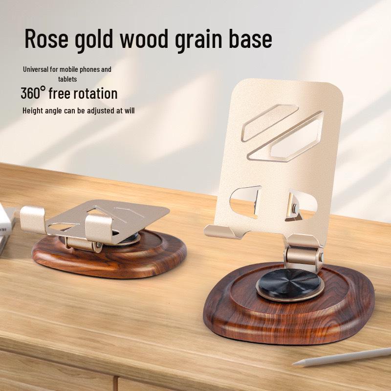 Universal Foldable Rotating Metal Stand with Walnut Wood Base for Phones and Tablets