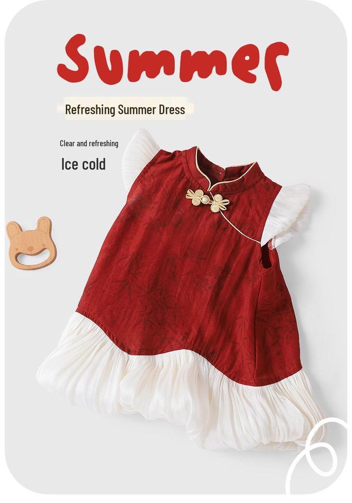 Youqi Chinese Style Baby Princess Summer Dress, 100-Day Celebration Red Gauze Gown