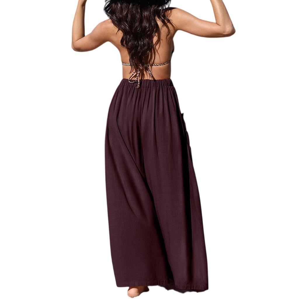 Damen Einfarbig Plissee Taille Locker Weites Bein Gerades Bein Hose