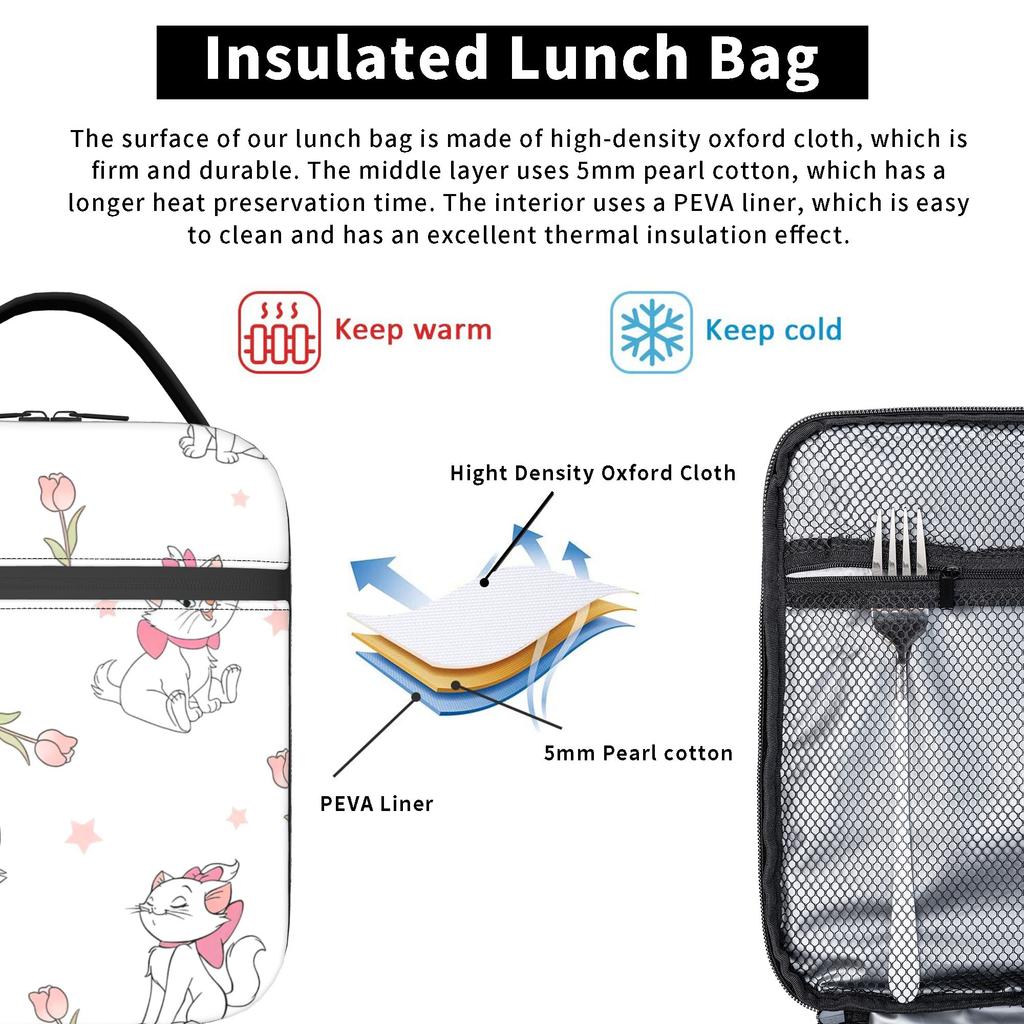 Kitten Maries Cat Insulated Lunch Bags Thermal Bag Reusable,Meal Container Leakproof Lunch Box Tote Food Handbags School  Picnic