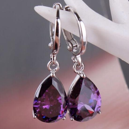 Elegant Women's Purple Rhinestone Water Drops Leverback Dangle Earrings Gift