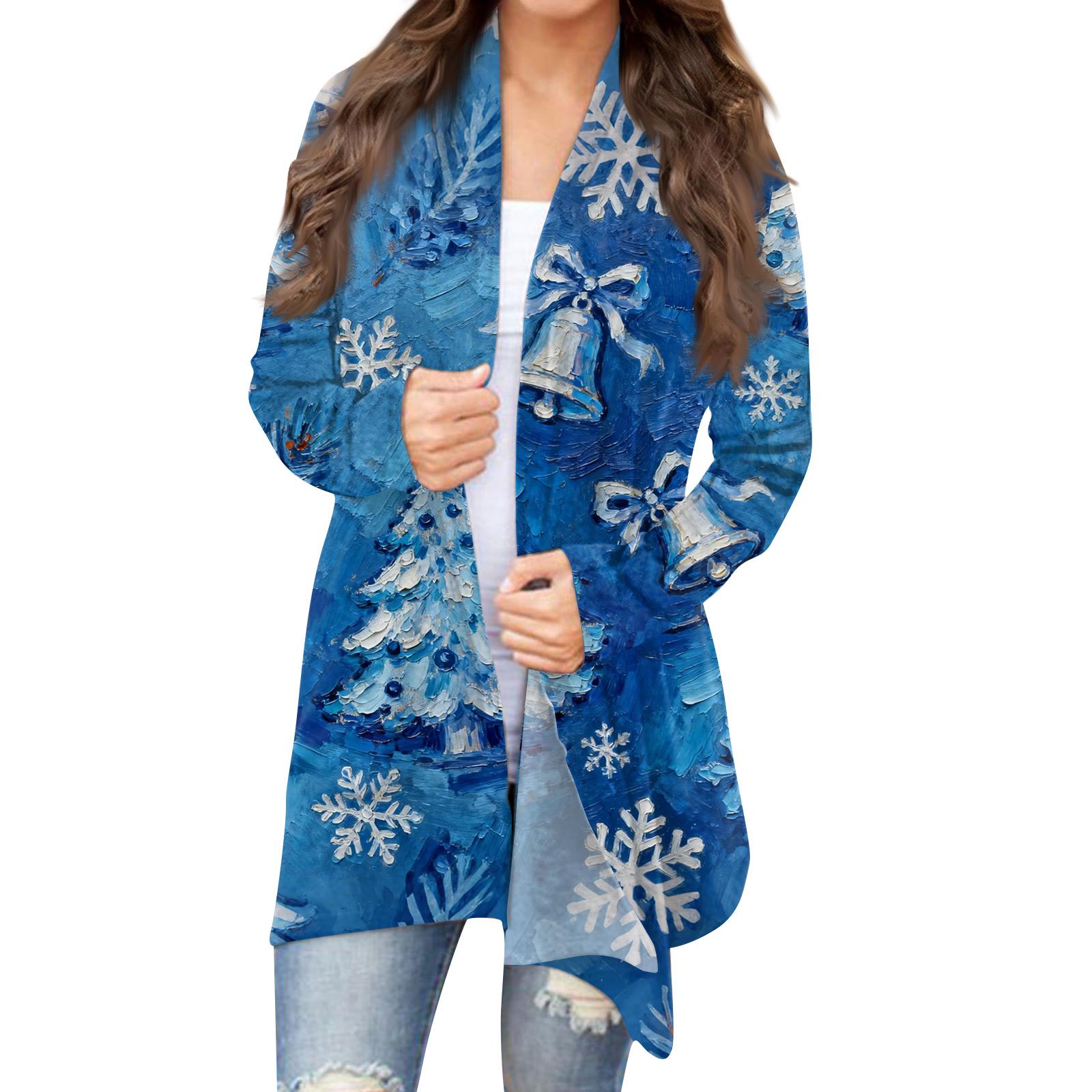 

Women s Fashion Christmas Print Jacket Long Sleeve Casual Cardigan Coat M синий