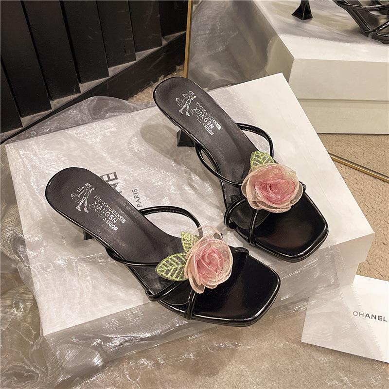 2025 Summer New Flower Stiletto Slippers Wear Open-toed One-word Slippers Silver High Heels Gentle Women's Shoes