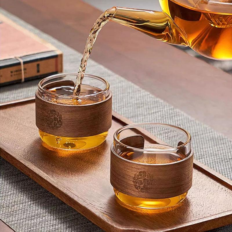 1pcs Heat-resistant Glass Tea Cup Set With Scald Proof Wooden Holder Clear Kungfu Tea Master Cup Home Coffee Espresso Mug