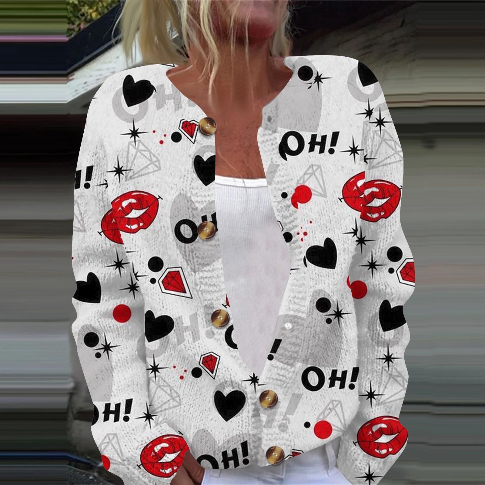 

Women s Fashion Printed Valentine s Day Long Sleeved Knitted Cardigan Button Down Jacket XXXXXL червоний
