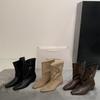Sheepskin Version~ French Retro Suede Belt Buckle Square Head Medium Boots Women's New Fashionable Short Boots