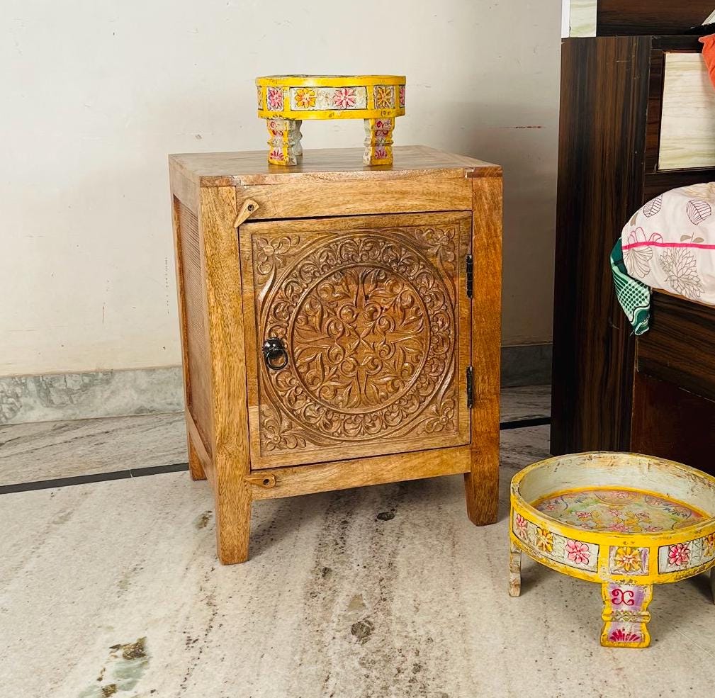 Wood Indian Carved Side Storage Cabinet Bedside Cupboard,Indian Living Nightstand Sideboard Furniture,Kitchen Cabinet Furniture,Desk drawer