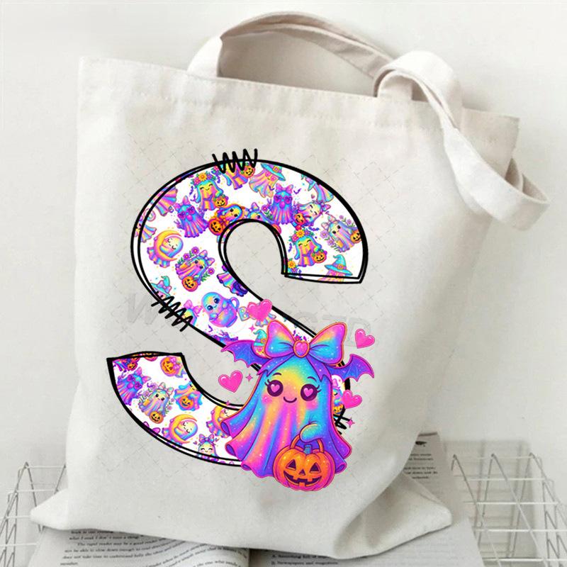 Halloween Alphabet Canvas Bag Going Out Portable Handbag Women's Large Capacity Casual Shoulder Crossbody Bag