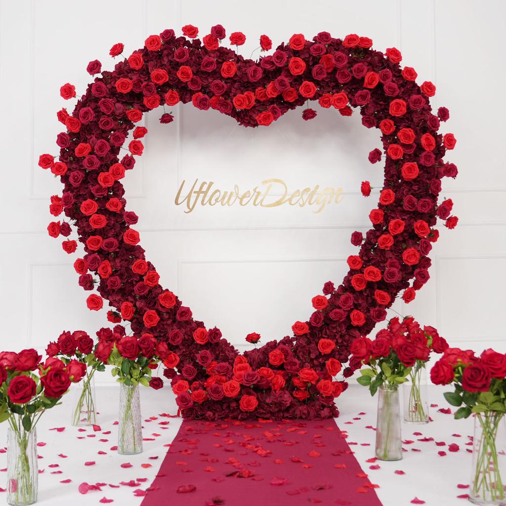 Uflower Heart-Shaped Frame Arch Wedding Backdrop Luxury Red Rose Floral Arrangement Decor with Cloth Base for Special Occasions
