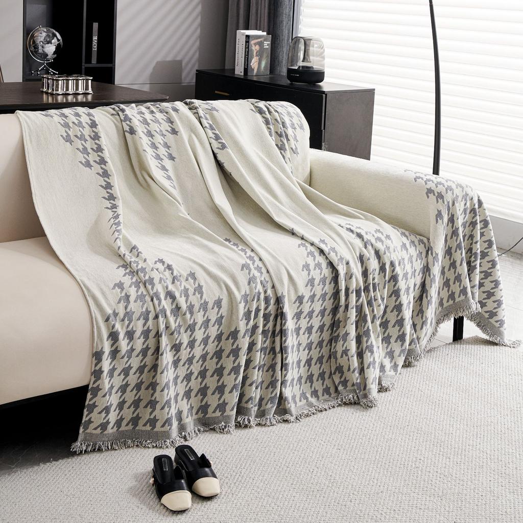 New Houndstooth Chenille Double-sided Sofa Towel, Universal for All Seasons, Exquisite Tassel Lace Sofa Cushion Cover Towel, Non-slip Cushion
