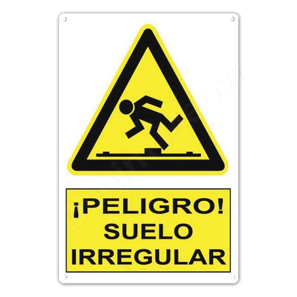 Spanish Warning Sign, Danger Metal Sign for Street, Yard, Bar, Workshop Decor, Yellow Waterproof Caution Signs, Outdoor Indoor