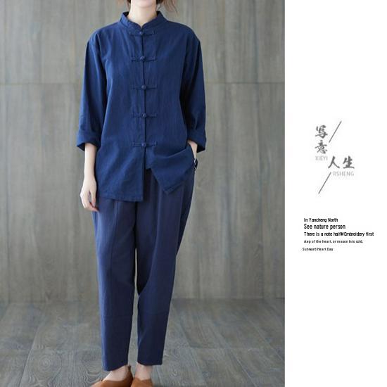 Spring Summer Zen Style Chinese Cotton Linen Frog Button Robe - Loose Fit Tai Chi Suit with Stand Collar for Men