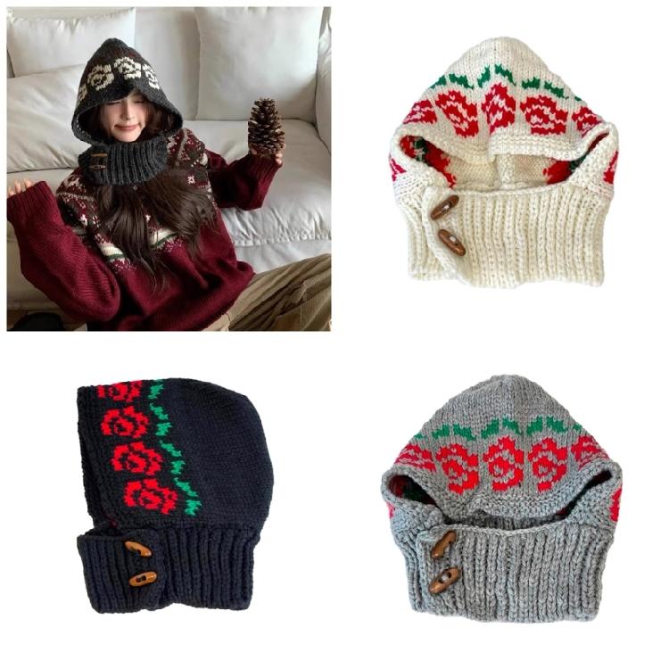 Popular Rose Pattern Balaclava Hat for Female Flower Neck Scarf Hat Elegant Warm Crochet Hat Breathable Ear Flap Caps