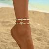 2er Set Strandfußkettchen für Damen Bohemian Seestern Schildkröte Perlen Gold Weiß Verstellbar Sommerurlaub Schmuck