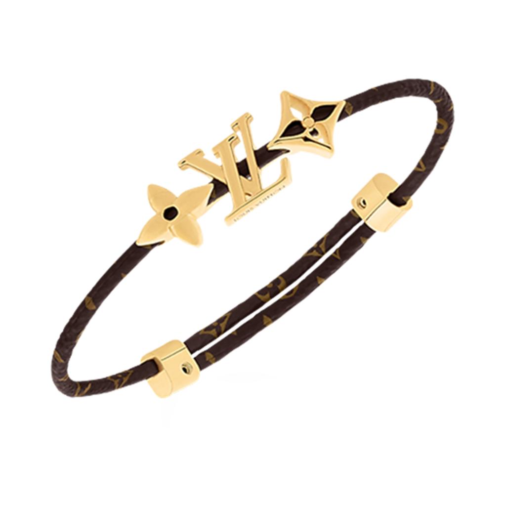 Louis Vuitton Bogstavlogo Dekoreret Læder Metal Armbånd Kvinder armbånd Brun Guld M8807Z