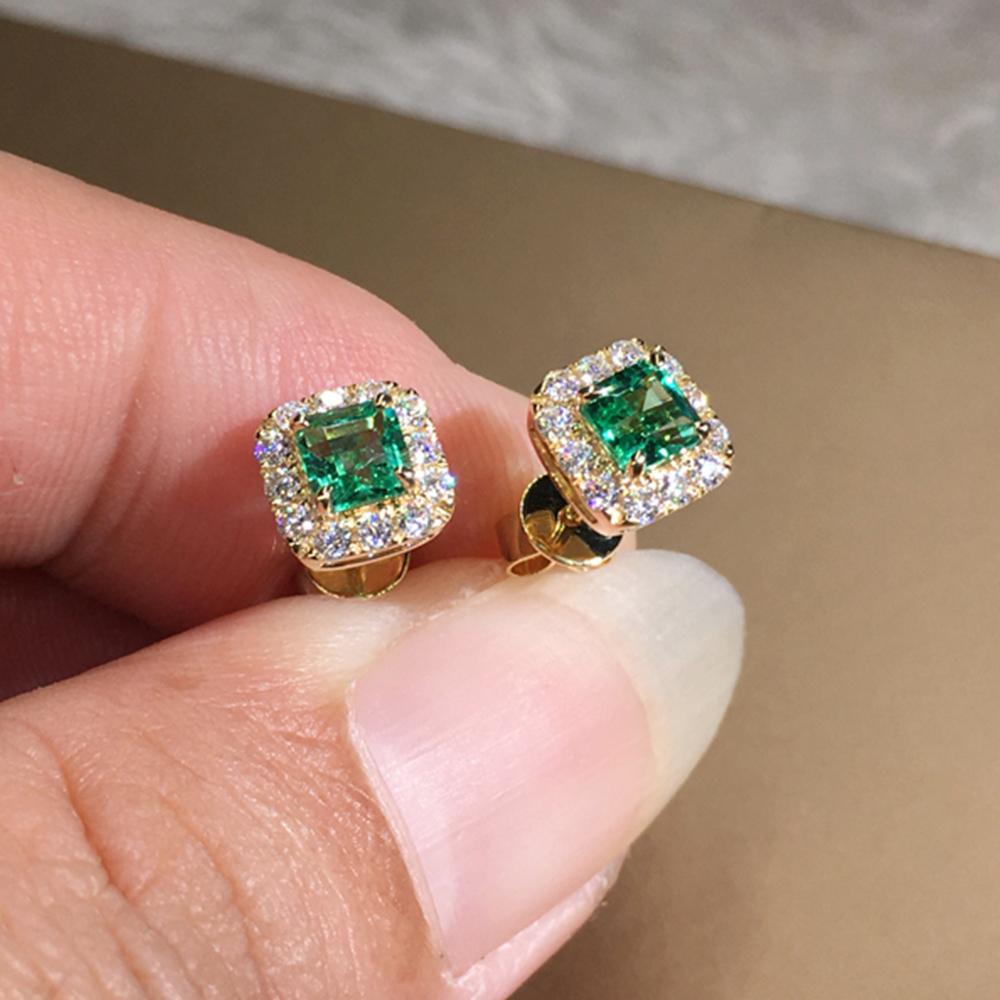 Huitan Eternity Green CZ Stud Earrings for Women Gold Color Luxury Bride Wedding Earrings Elegant Ear Accessories Party Zircon