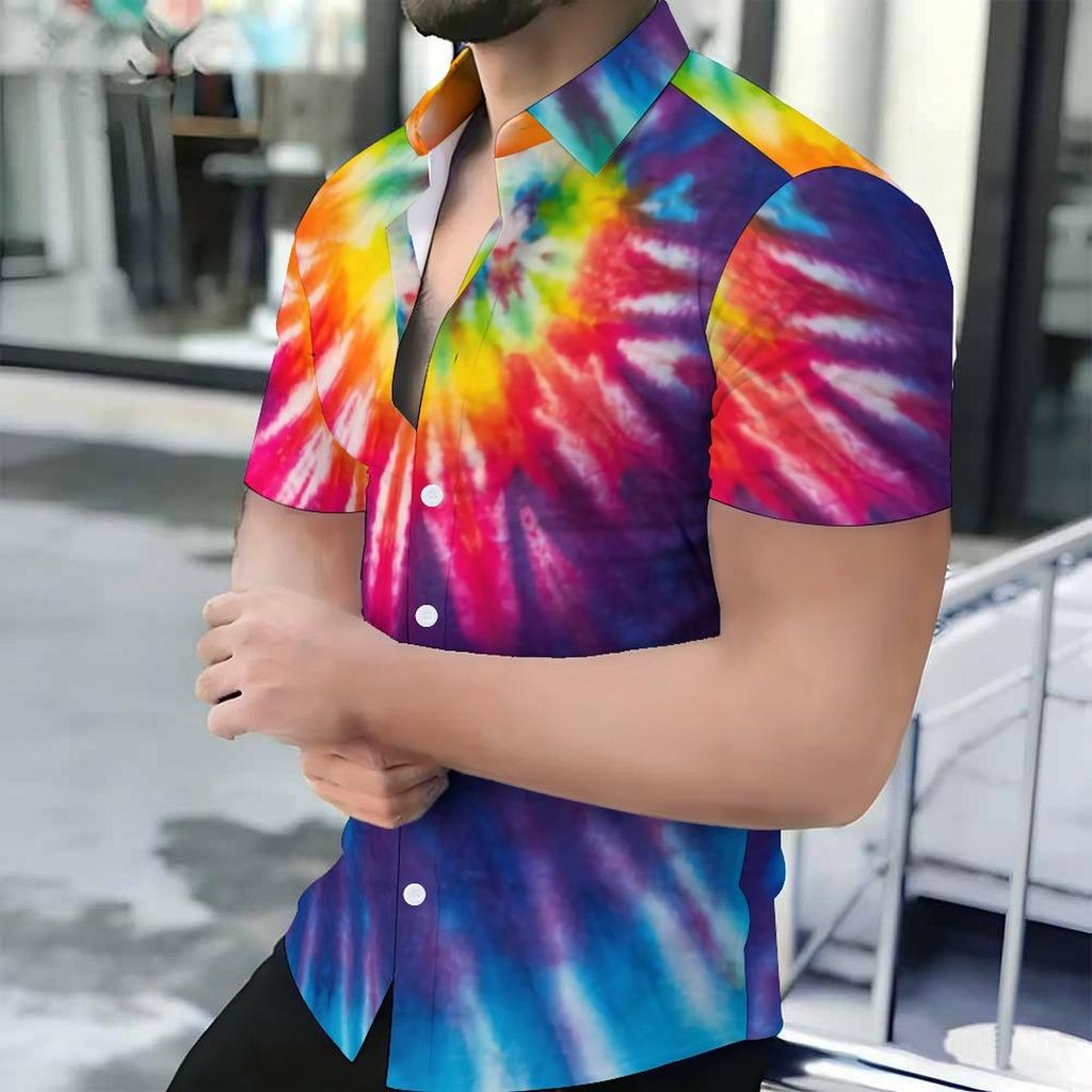 Women Short Sleeve Shirt Pink Blue Spiral Tie Dye Glitter Star Print Lapel Button Up Top