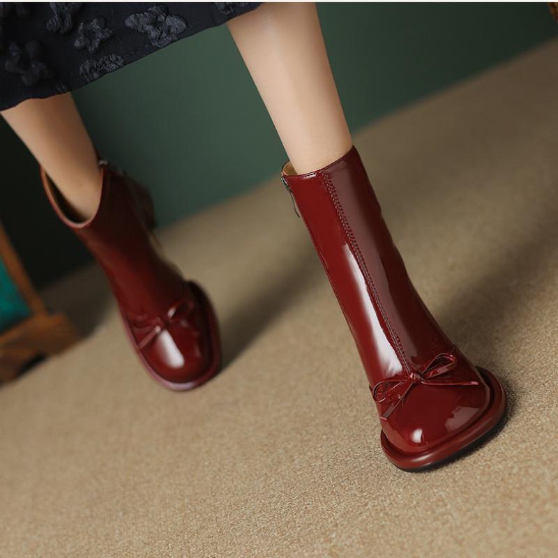 Spring Autumn Bow New Style Round Toe Square Heel Zipper Short Boots Single-barrel Elegant Sexy Temperament Women's Casual Soft