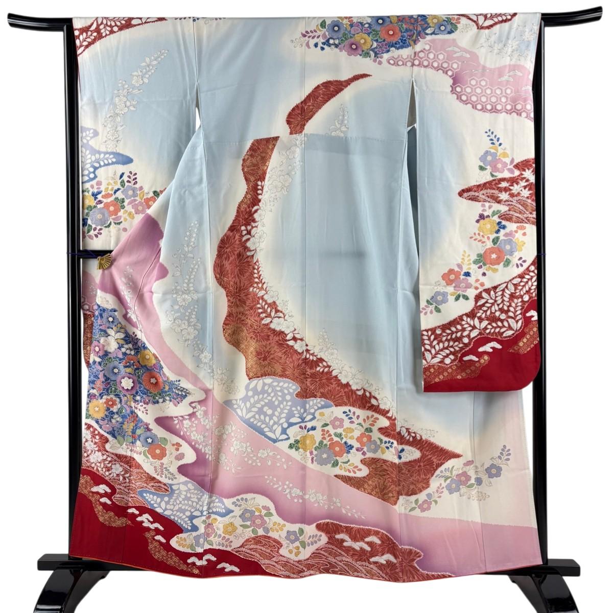 

Long-sleeved kimono, length 160cm, sleeve length 64.5cm, M sleeve, flower pattern, haze, gold, dyed, light blue, pure silk, excellent item [Used]