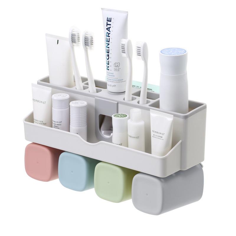 Punch-Free Wall-Mounted Toothbrush Rack with Automatic Toothpaste Dispenser and Mouthwash Cup