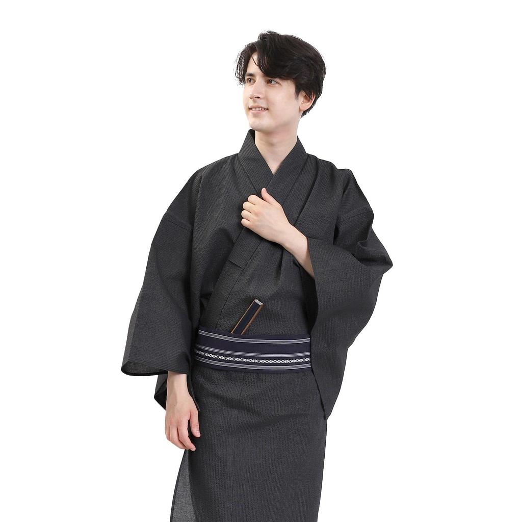 Yukata Obi Waist Strap 3 Piece Set Cotton Linen Gentleman L Size Ink Stripe WN01L [Fuuka] Men's (Waist Strap/Square Obi/B45 Navy)