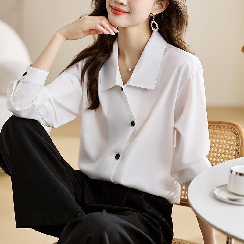 

Стильная осенняя шифоновая блузка: Женская повседневная рубашка-кардиган с отложным воротником Extra Large