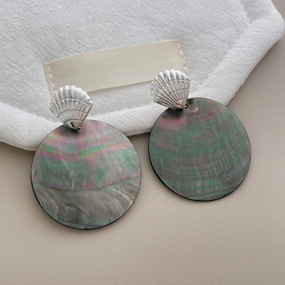 Silver Plated Shell Stud with Abalone Shell Drop Earrings Round Mother of Pearl Dangle Earrings Ocean Beach Jewelry for Women