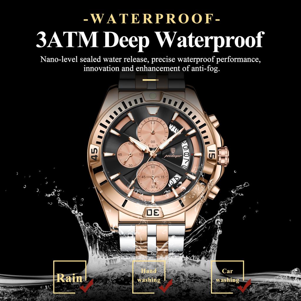 Men Chronograph Watches Stainless Steel Analog Quartz Wrist Watch Waterproof Luminous Date Business Dress Watch for Men