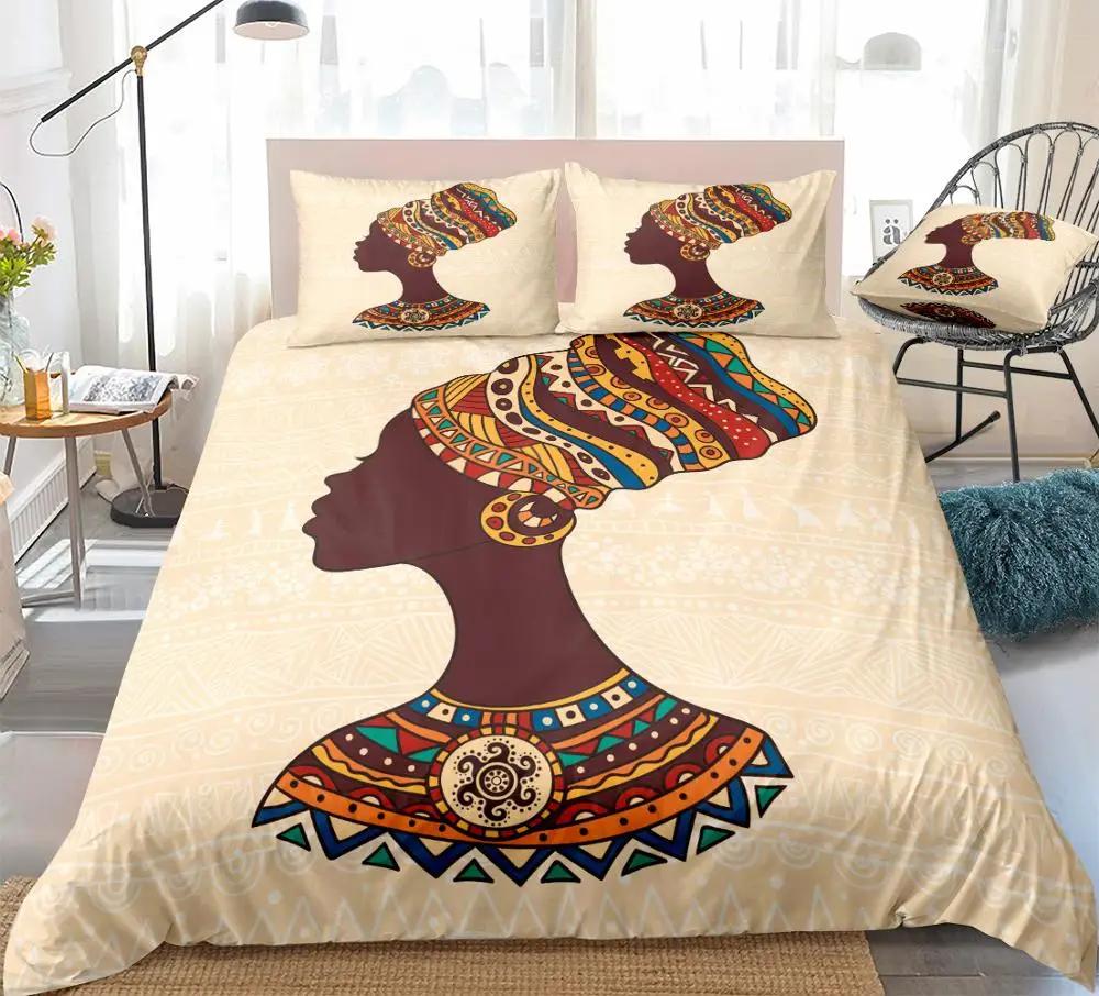 African Woman King Queen Duvet Cover Retro Exotic Tribal Black Girl Pattern Bedding Set Africa Polyester Quilt Cover Pillowcase