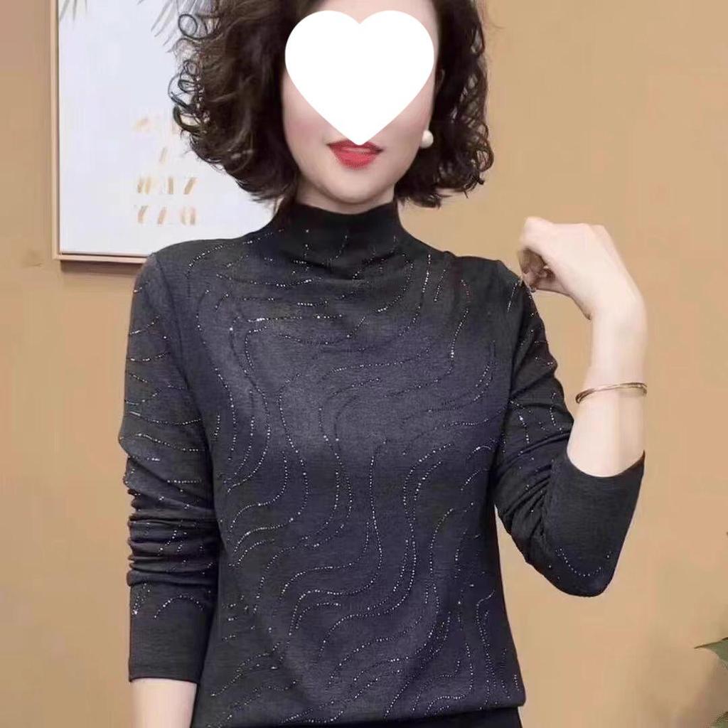 Autumn/Winter Heavy Drilling High Neck Long Sleeve Tummy Concealing Age-Reducing Top for Middle-Aged & Elderly Women