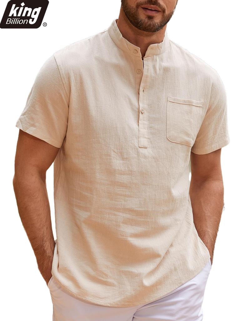 Summer New Men's Lightweight Cotton Linen Short Sleeve Henley Neck T-shirt - Breathable Casual Basic Style Solid Color Tops