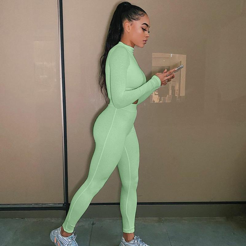 VEZFAA Women's Fashion Casual Spring Autumn Solid Color Print Long Sleeve O-Neck Trousers Pants Suits