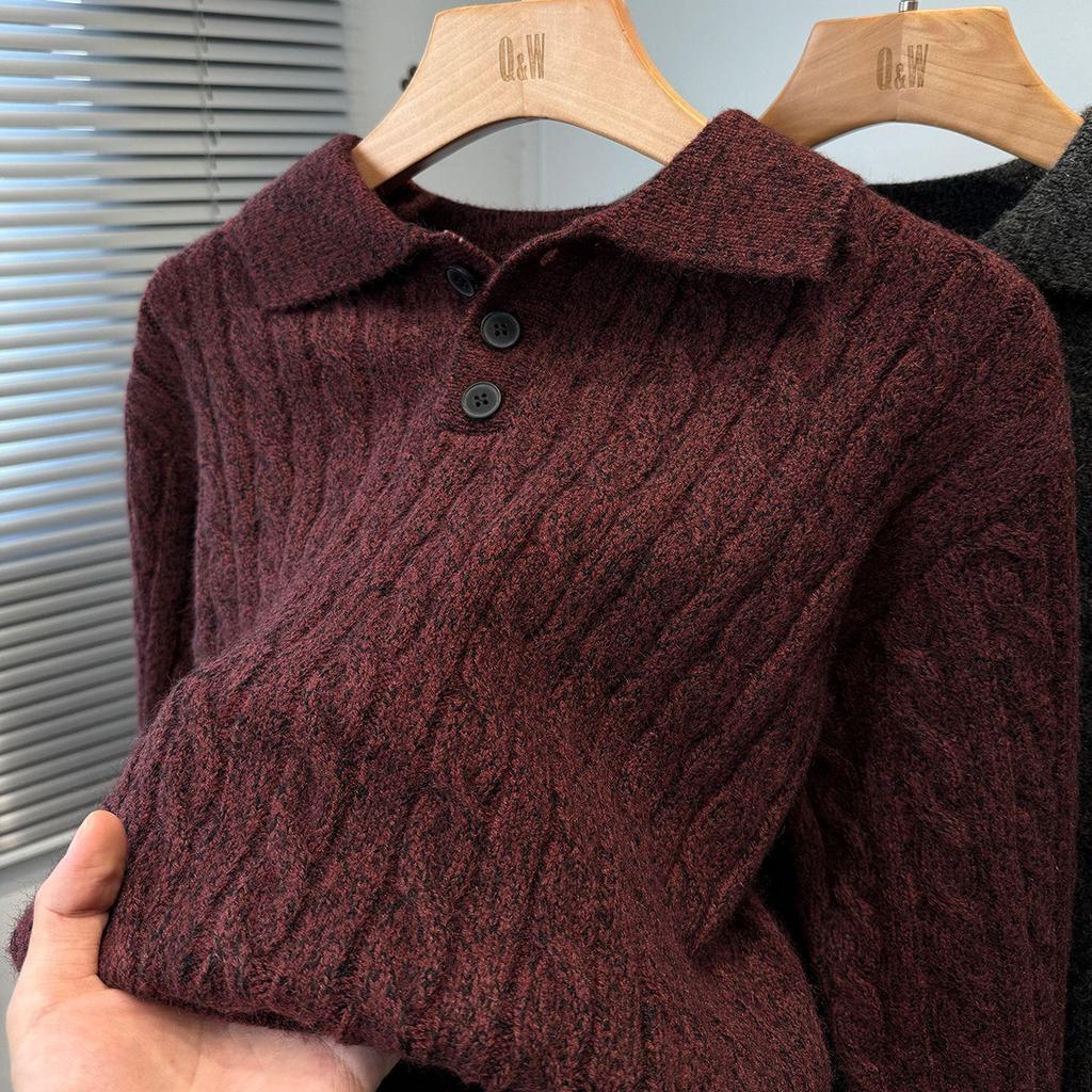 Men's High-End Solid Color Cable Knit Sweater with Lapel, Thickened and Warm for Autumn/Winter, Inner or Base Layer.