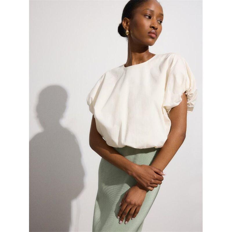 

Foreign Trade Pure Yuan Tail Goods Woven Cotton New Holiday Style Three-Dimensional Pleating round Neck Short Top T-shirt Women Beige M