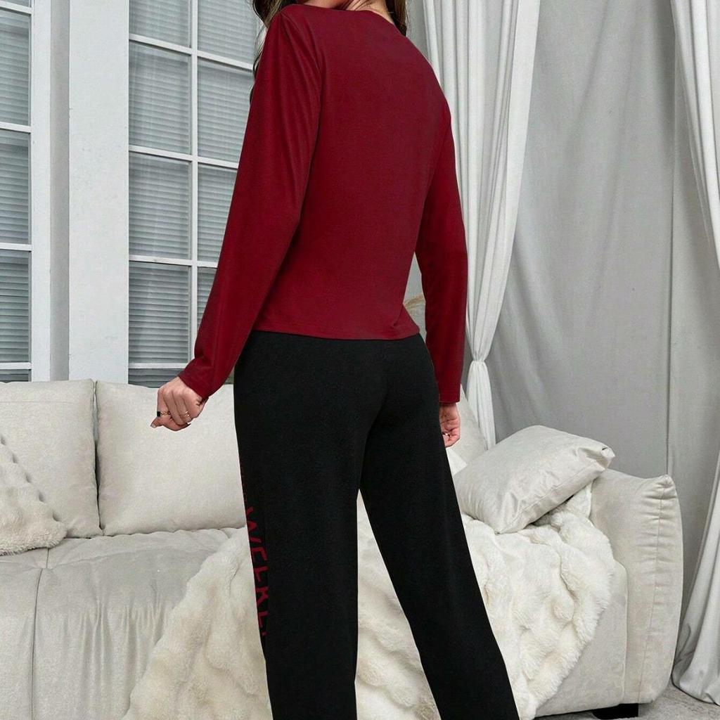 Women's Autumn European & American Home Wear Pajama Set: Long-Sleeve Letter Top & Long Pants Casual Two-Piece