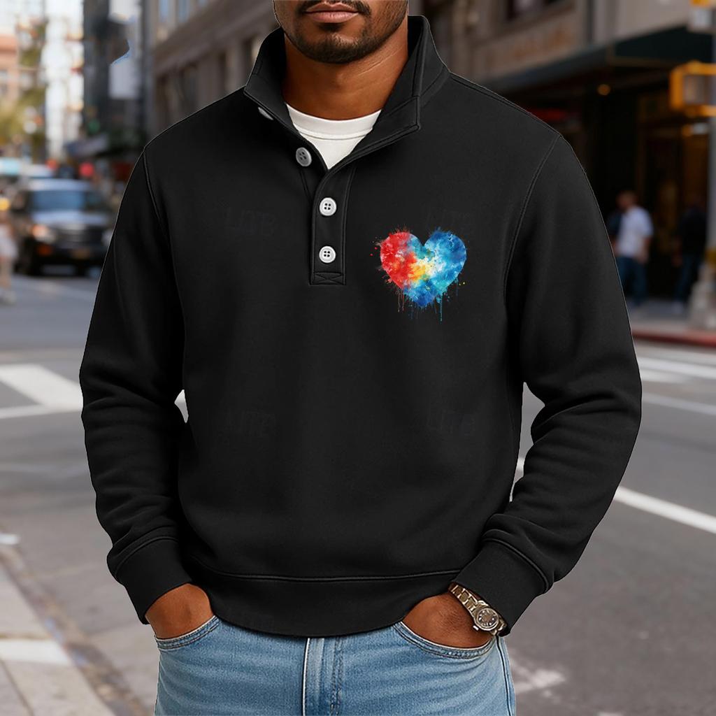 Men's Casual Stand-Up Collar Long-Sleeve Top Print Button-Down Sweatshirt