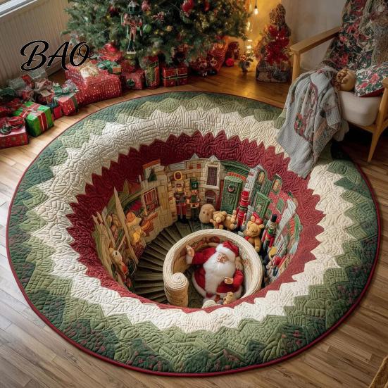 Christmas Party Home Decor 3D Rug, Illusion Area Round Decorative Non Slip Holiday Floor Covering Mat, Festive Carpet for Indoor Living Room