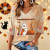 Women's Casual V-Neck Three-Quarter Sleeve Top with Halloween Print