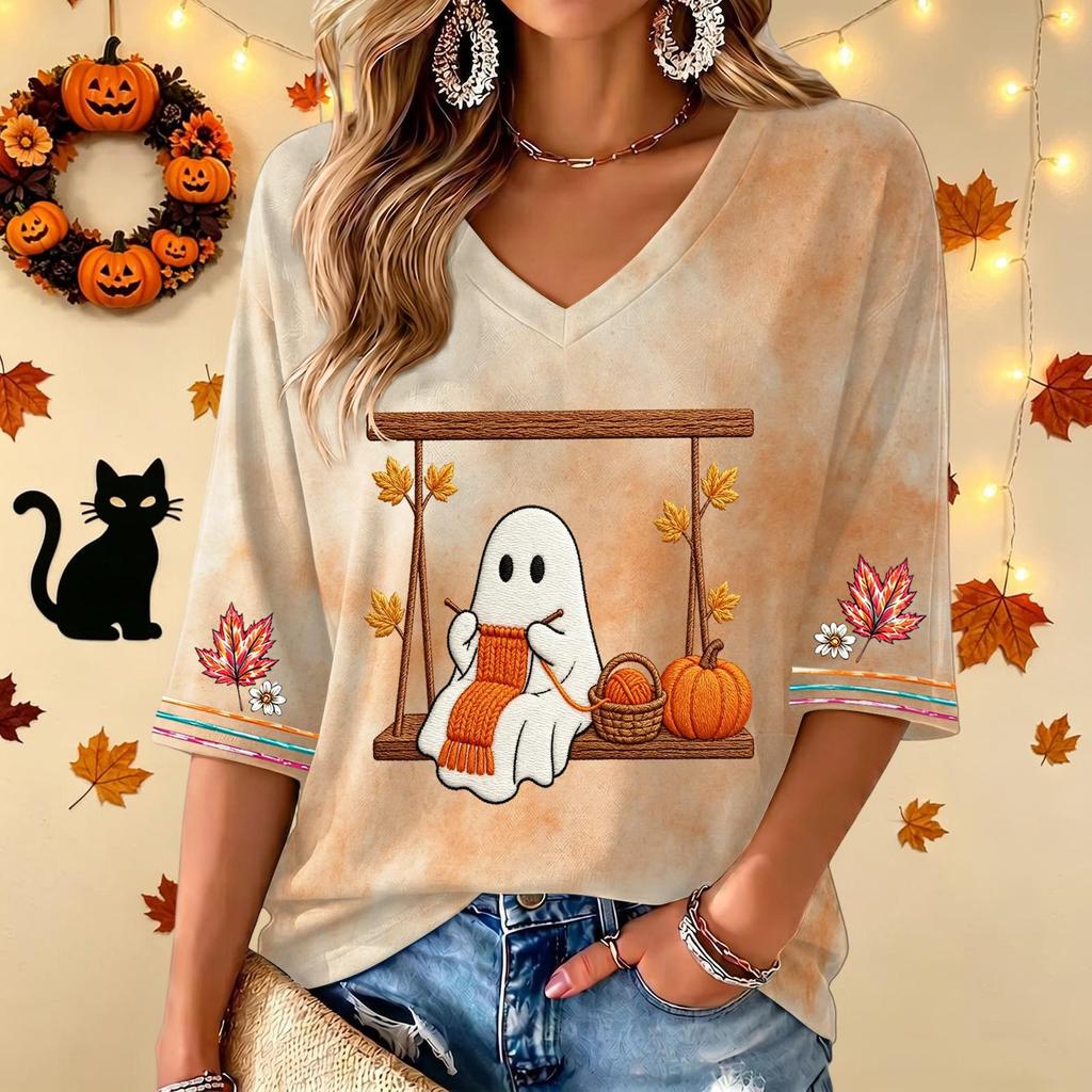 Women's Casual V-Neck Three-Quarter Sleeve Top with Halloween Print