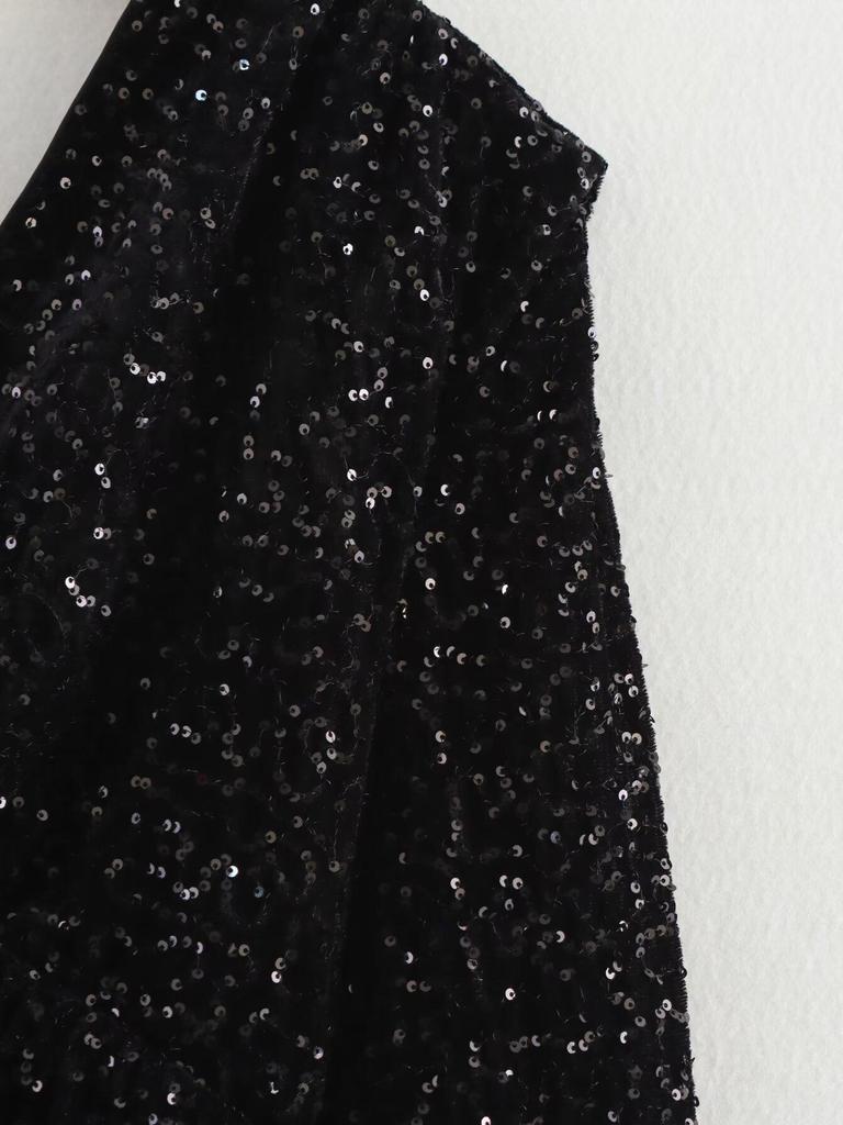 2025 Spring Women's Fashion: European-American Style Sequin Embroidery Shoulder Pad Dress